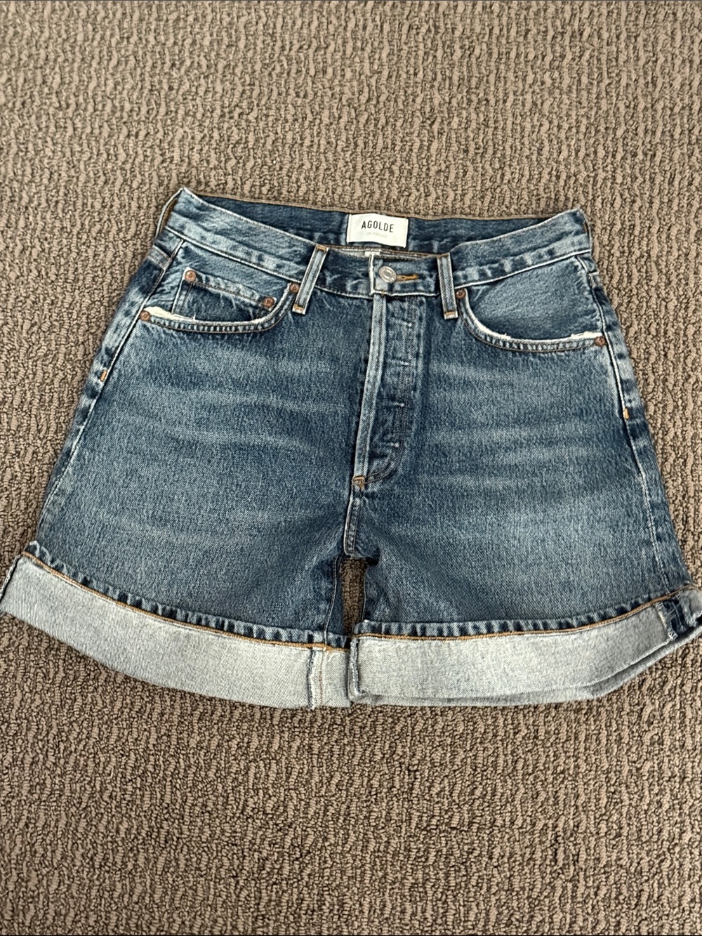 Agolde Rolled Hem High-Rise Denim Shorts in Blue Wash